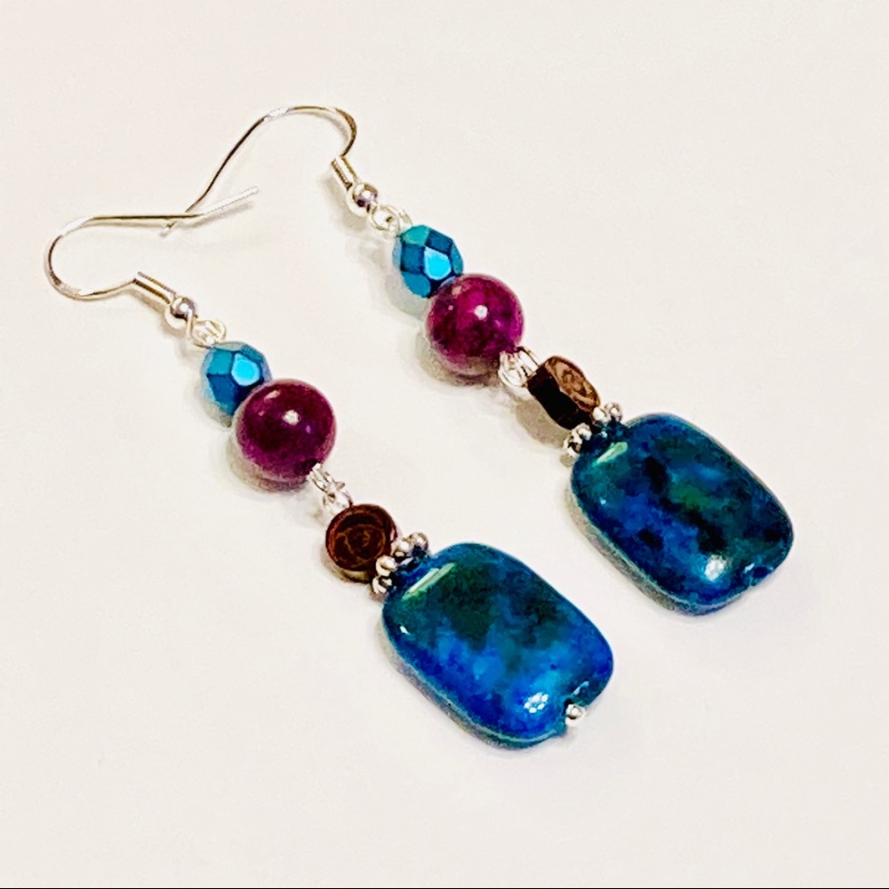 Gorgeous Dark Turquoise Chrysocolla & Purple Fossilized Coral & Glass Earrings